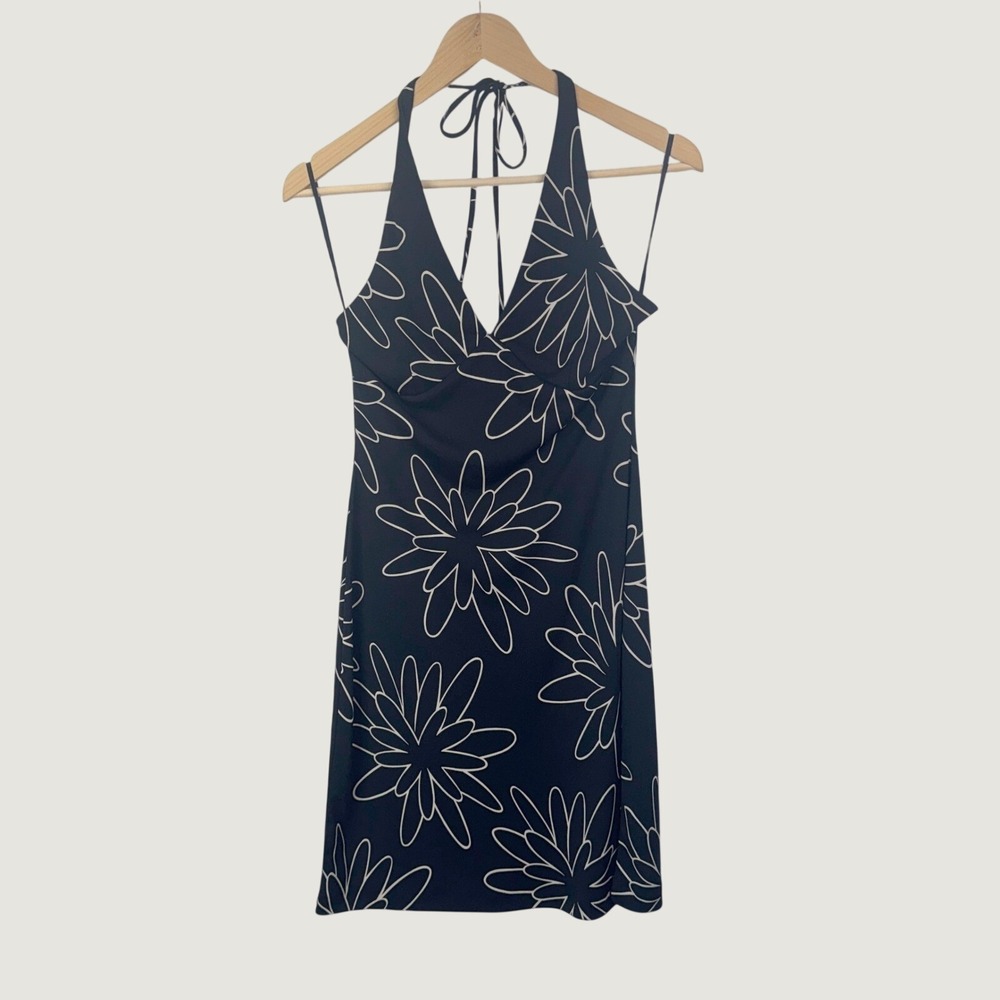 Kenneth Cole Halter Mini Dress Size XS Black White Floral Y2K Retro Chic Summer